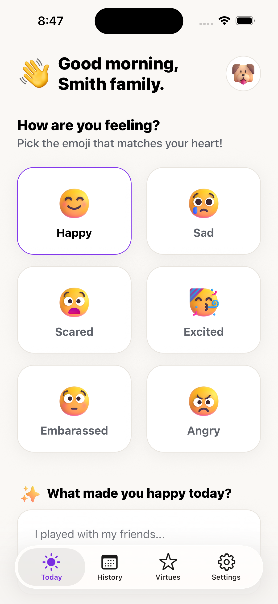 Praymoji daily check-in with mood choices and family reflection