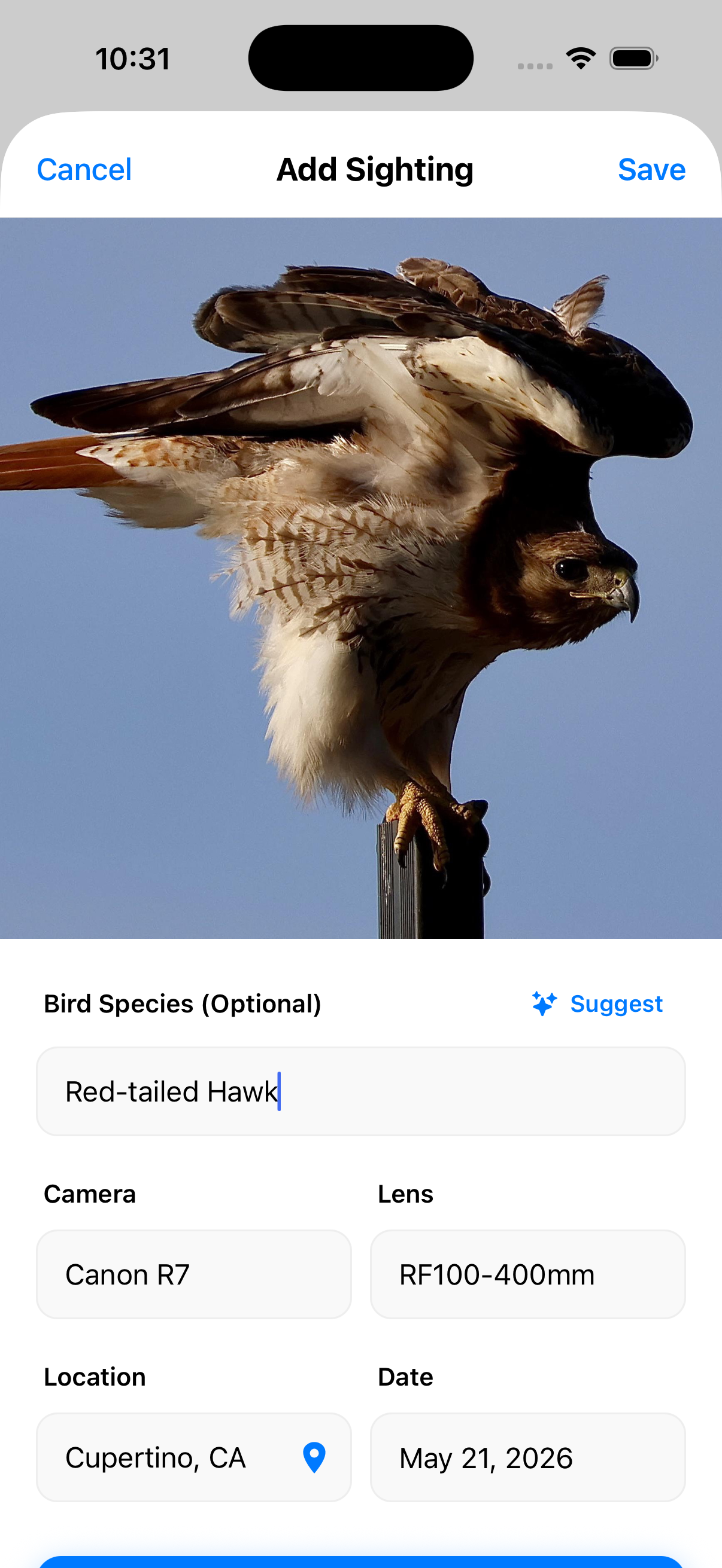 Wildlifers sighting form with a Red-tailed Hawk photo and camera details